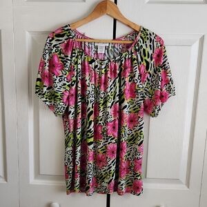 Rebecca Malone Floral Leapord Print Blouse SZ LG Sequins Maximalist Animal Print